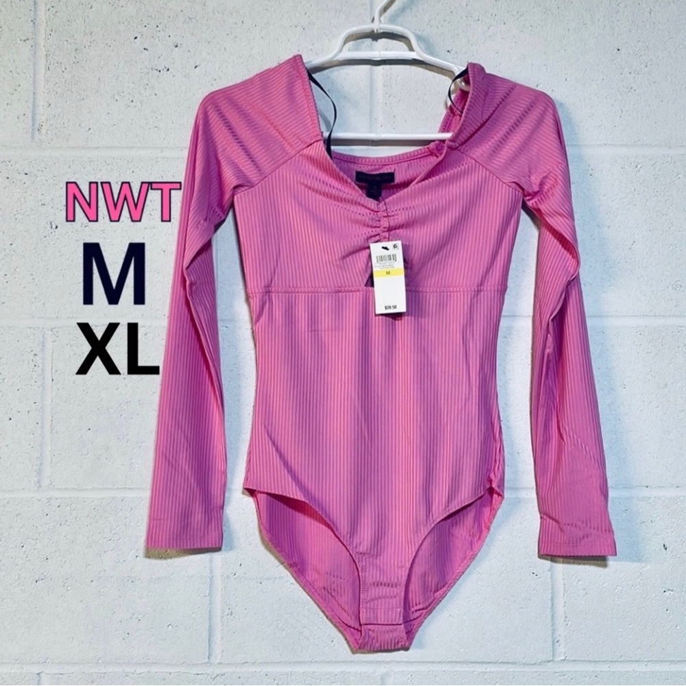 NWT(M) pink long sleeves bodysuit keyhole ruched bust high waist low rise